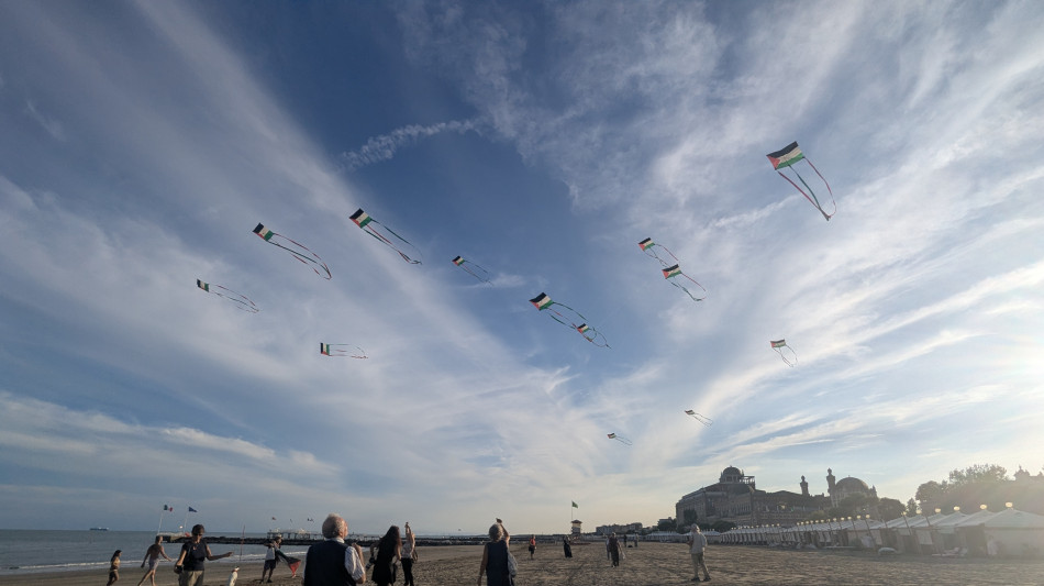 Un 'muro di aquiloni' con la bandiera palestinese sulla spiaggia del Lido